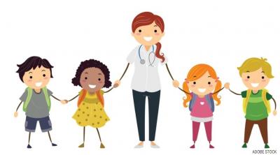 An illustration of a nurse holding hands with children