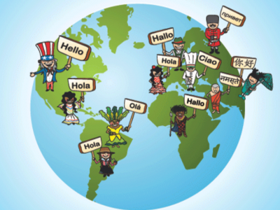 Cartoon of the globe with people holding signs in different languages