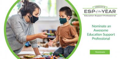 Education Support Professional award logo along with a woman and child interacting