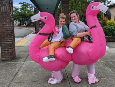 Instructional Assistants Cyndi Nelson, left, and Aimee Ford stepped into some  inflatables to say goodbye to fifth-graders.