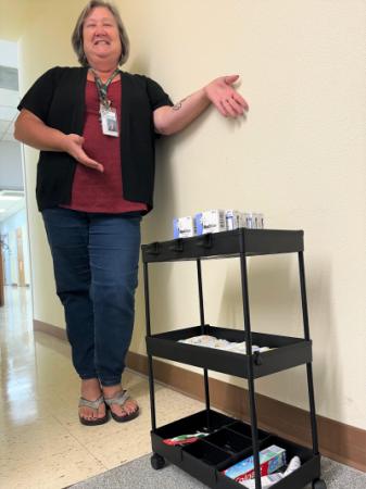 This is the care cart at the Middle School, which is showcased by Gwen Lang, the school’s Administrative Assistant.