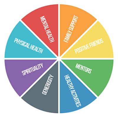 Sources of Strength wheel: phys./ment. health, fam. support, pos. friends, mentors, healthy activities, generosity, spirituality