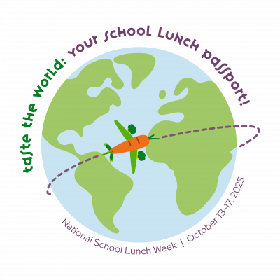 National School Lunch Taste the World with carrot flying around world globe