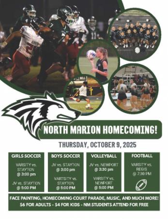 North Marion High School Homecoming Flyer for October 9, 2025