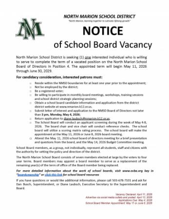 Notice of School Board Vacancy posted 4-8-2026 English and Spanish