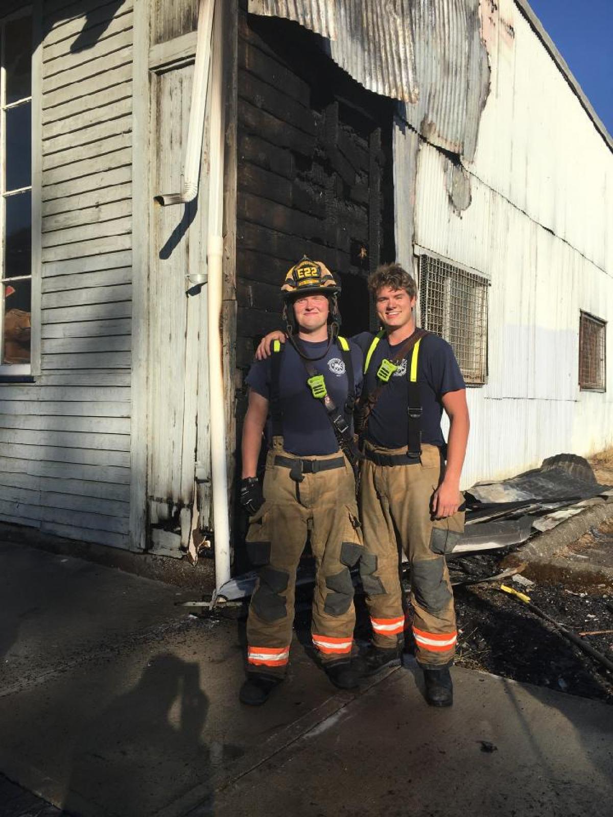 Student volunteer firefighters Jared Redmon, left, and Noah Wierstra (a 2020 North Marion graduate) were instrumental in extingu