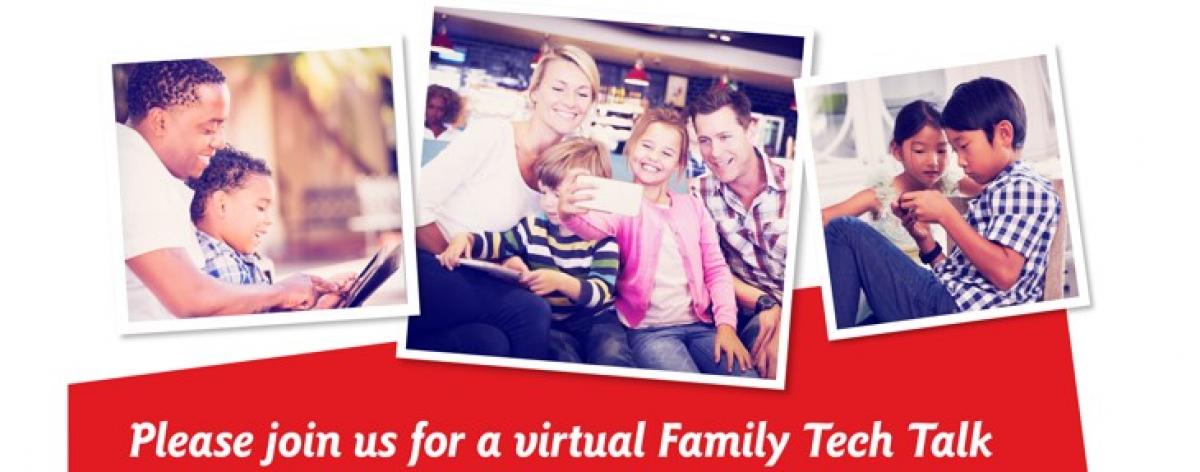 Photos of families working together in front of computerized devices