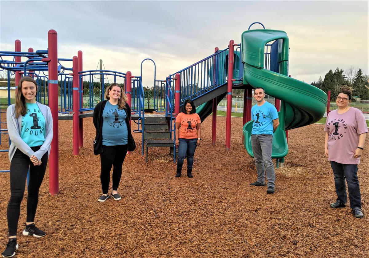 First-grade teachers, from left, are: Kaitlyn Harbick, Meredith Akin, Shawnti Peachey, Josh Mitchell, and Kymberlee Rhodes. 