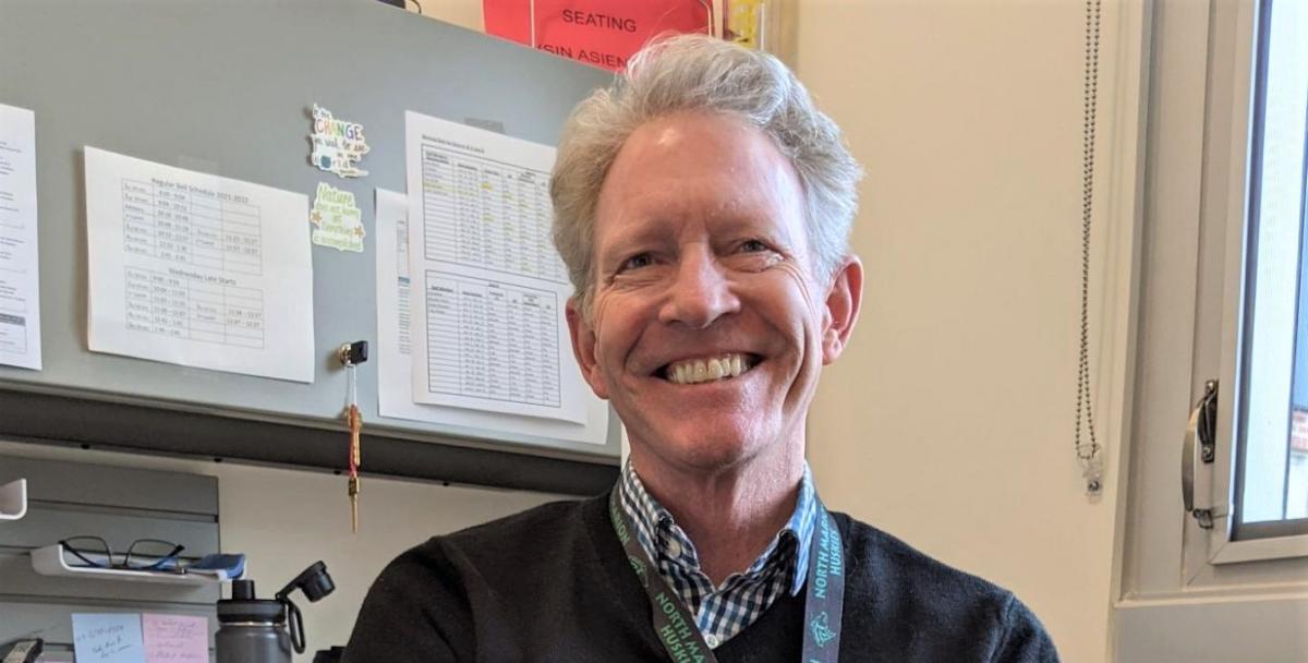Michael Stewart beams happily while at his office in North Marion High School. Photo by Jillian Daley