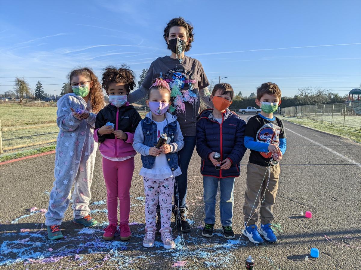 Primary School Principal Allison Hunt with, from left: Kendall Pinola, Becca Sims, Masha Oliva, Kelvin Gerdes, & Koda Pinola