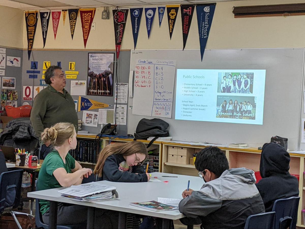 North Marion School Board Director Bill Graupp presents to students in Chelsea Landry's AVID class. Photo by Jillian Daley