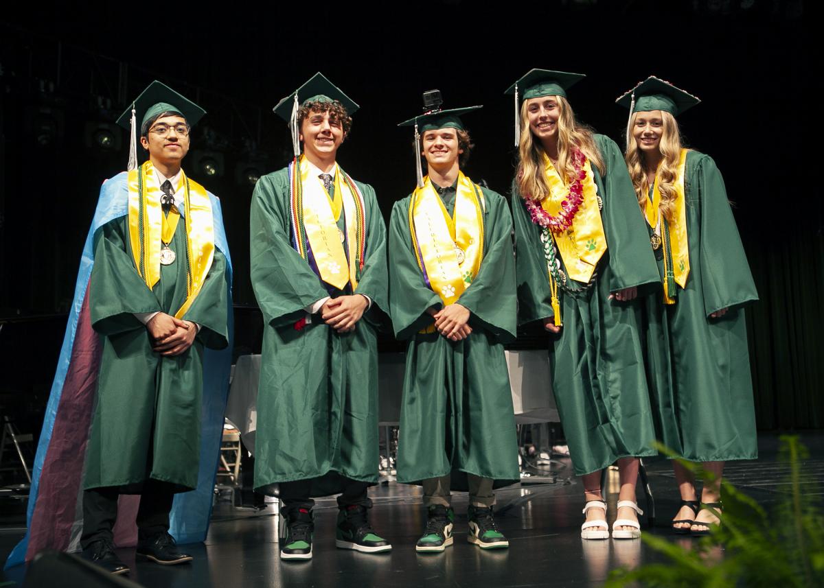 The valedictorians include, from left to right, Joseph Martinez, Owen Alvord, Gage Hurst, Jaydan Sahlin, and Mackenzie Agnew. 