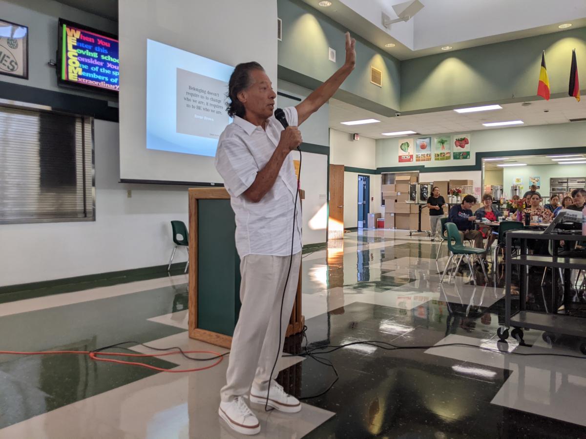 Author and podcaster Bill de la Cruz led a workshop during North Marion’s All-Staff Breakfast and Staff Workshop on Wednesday. 