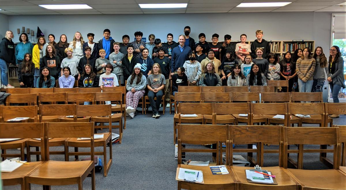 Oregon State Treasurer Tobias Read delivered a career presentation at the North Marion Middle School library on Monday.