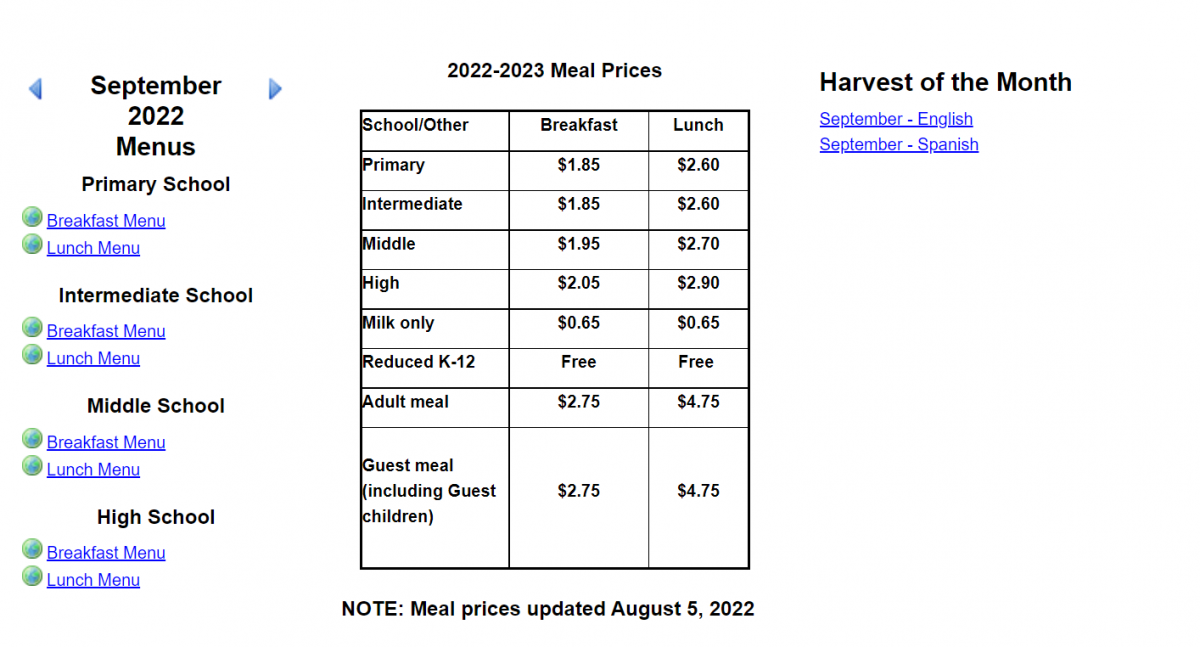 The school menu and prices. For the full view, go to the website https://nmhuskycafe.com and click on Menus