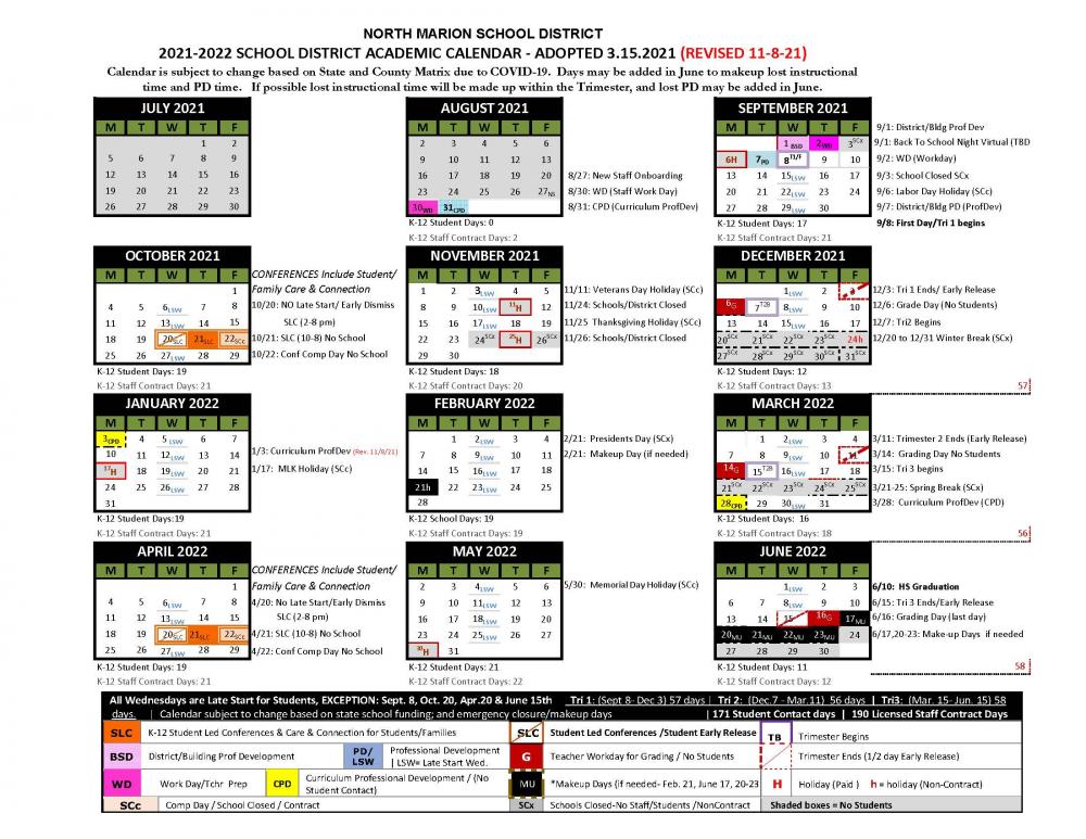 School District Academic Calendar North Marion School District OR