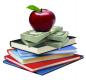 A red apple with a green leaf sitting on top of a stack of money and books