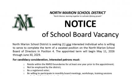 Notice of School Board Vacancy posted 4-8-2026 English and Spanish
